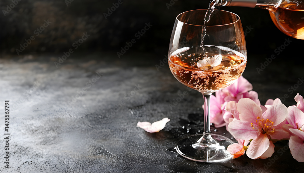 Pouring tasty aromatic wine in glass on dark background, closeup. Space for text