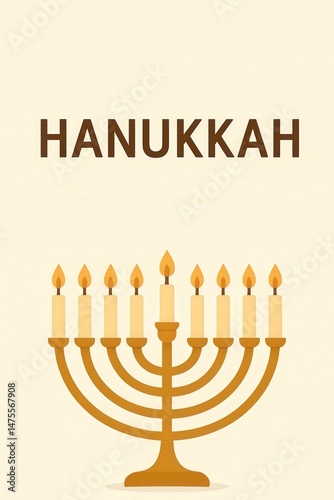 Minimalistic illustration of a Hanukkah menorah with nine lit candles. Flat style on light background. Symbol of Jewish holiday, tradition, light and celebration
