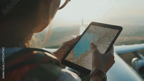 Young woman navigating with a digital tablet on the wing of a small airplane