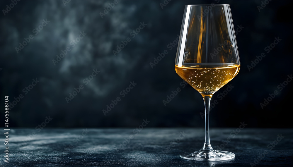 Pouring tasty aromatic wine in glass on dark background, closeup. Space for text