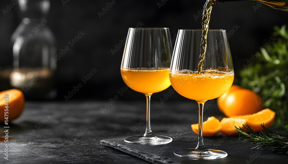 Pouring tasty aromatic wine in glass on dark background, closeup. Space for text