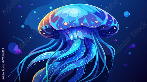 Stunning close-up of blue spotted jellyfish gracefully floating underwater, illuminated in vibrant hues against a dark background.