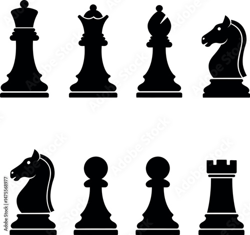 Chess pieces black silhouette set with king queen bishop knight pawn rook vector icons 