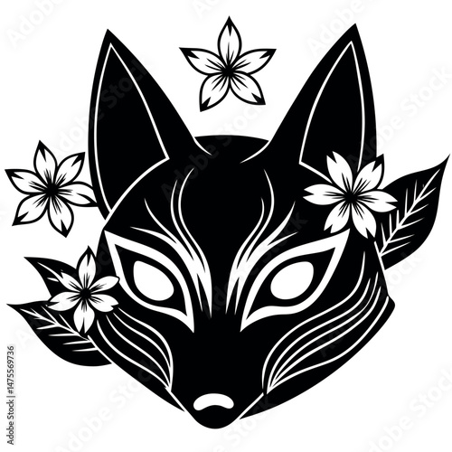 Black and white fox head illustration adorned with flowers and leaves Generative AI