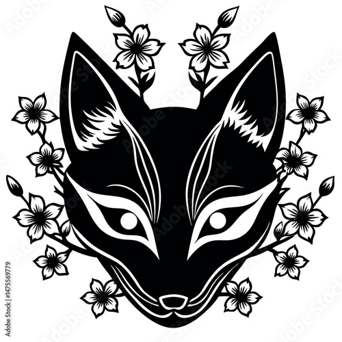 Intricate black and white fox design surrounded by flowers showcases artistic talent and cultural symbolism Generative AI