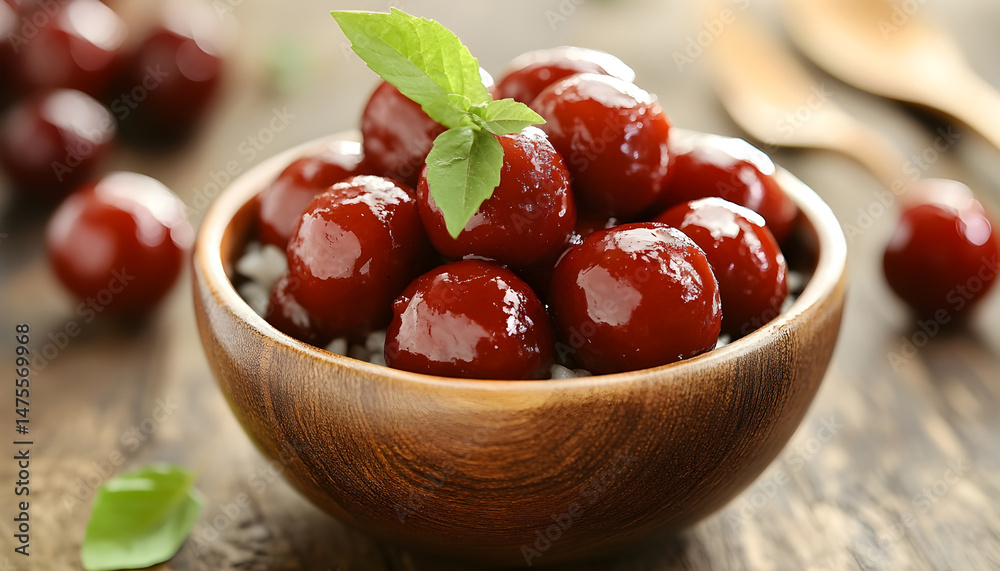 Tasty meatballs with sauce and rice on wooden table, closeup