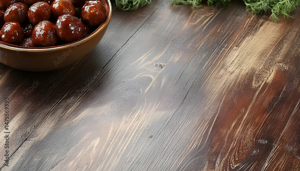 Tasty meatballs with sauce and rice on wooden table, closeup