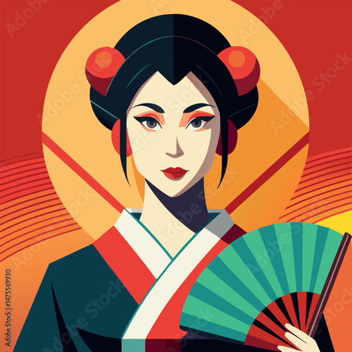 Elegant woman in traditional attire holding a fan with a bold backdrop of orange and red tones during a cultural event Generative AI