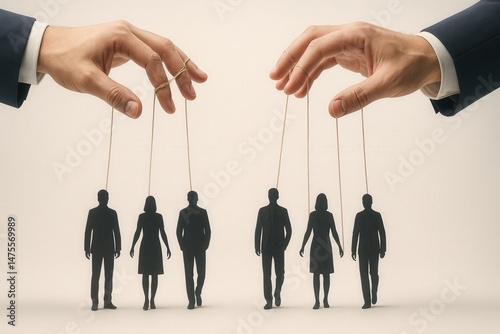 Conceptual image of puppet-like human figures controlled by strings held by large hands. Symbolizes political manipulation, social control, and power dynamics over individuals