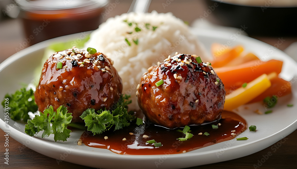 Tasty meatballs with sauce and rice on wooden table, closeup