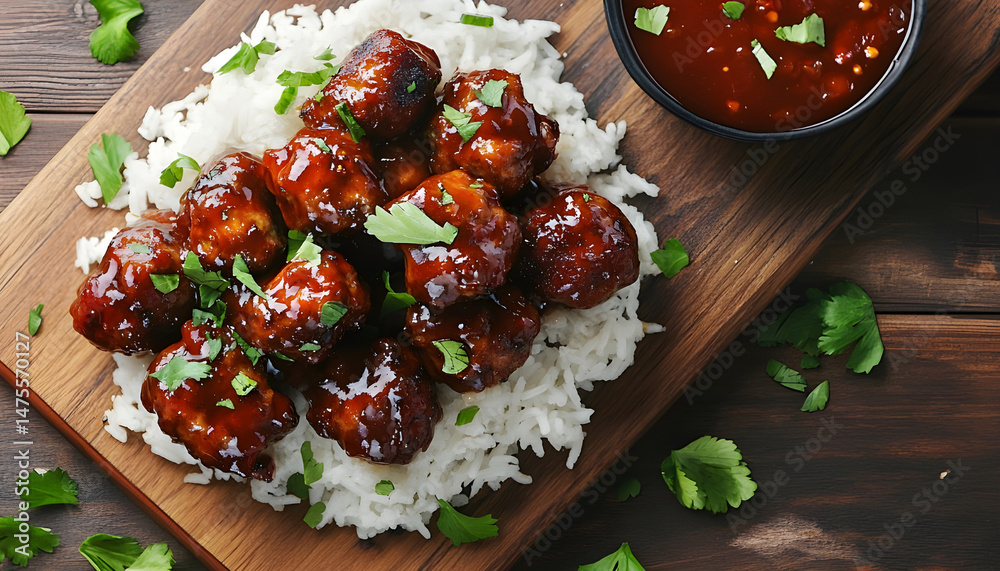 Tasty meatballs with sauce and rice on wooden table, closeup