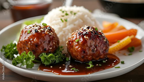 Obraz na płótnie Tasty meatballs with sauce and rice on wooden table, closeup w salonie