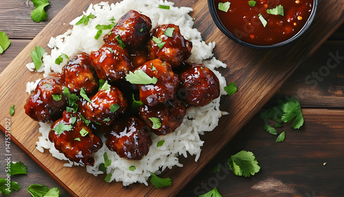 Tasty meatballs with sauce and rice on wooden table, closeup