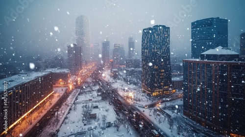 Aerial view of a city covered in snow and illuminated by night lights. photo