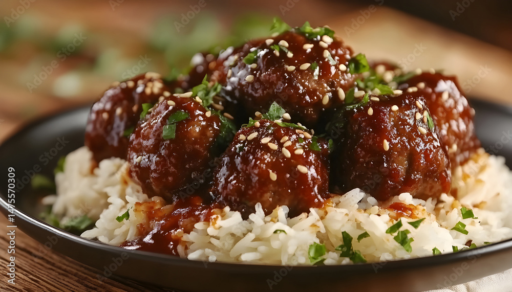 Tasty meatballs with sauce and rice on wooden table, closeup