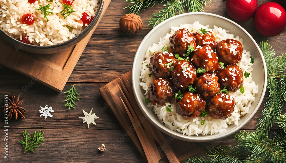 Tasty meatballs with sauce and rice on wooden table, closeup