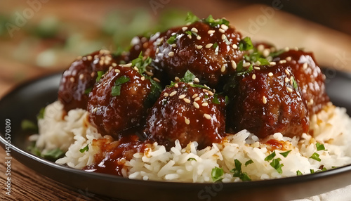 Tasty meatballs with sauce and rice on wooden table, closeup