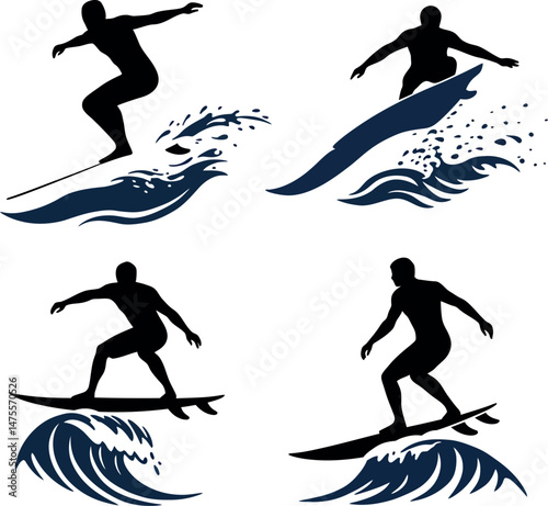 Surfing silhouette vector set with ocean waves and dynamic water splashes