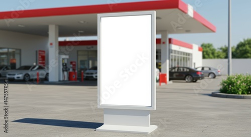 Lightbox mock-up signage iat gas station outdoors. Commercial, information empty white sign template on sunny street. Copy space for advertising or directions billboard