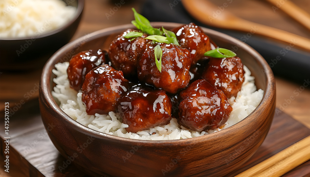 Tasty meatballs with sauce and rice on wooden table, closeup