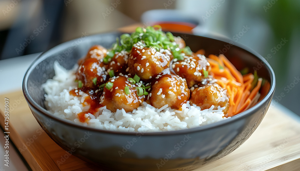 Tasty meatballs with sauce and rice on wooden table, closeup