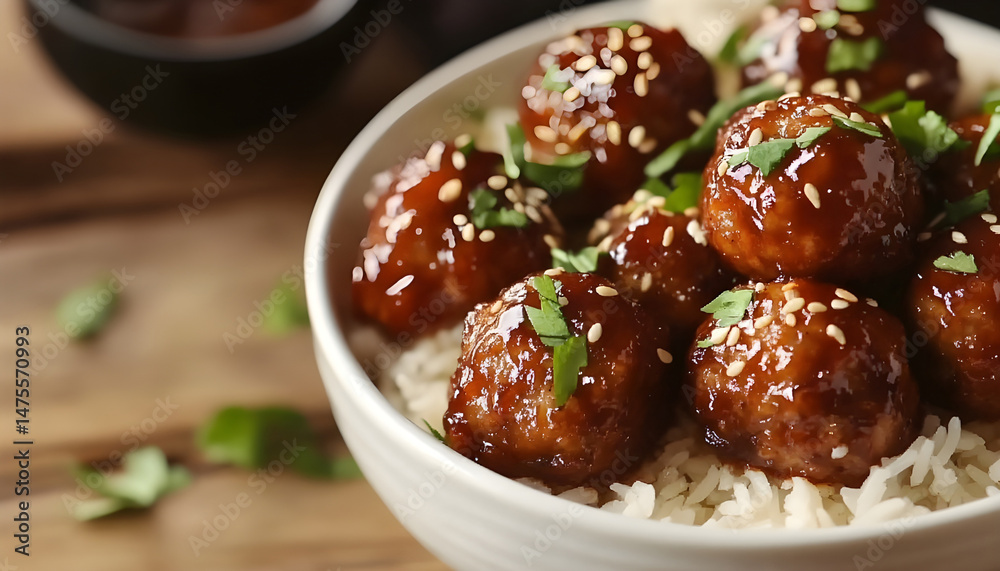 Tasty meatballs with sauce and rice on wooden table, closeup