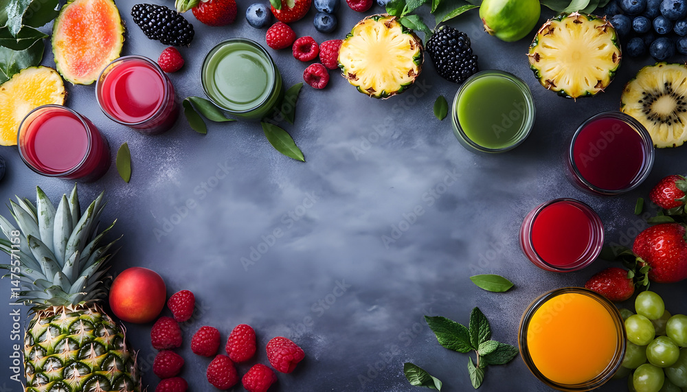 Tasty pineapple juice in glasses and fruits on grey textured table, closeup