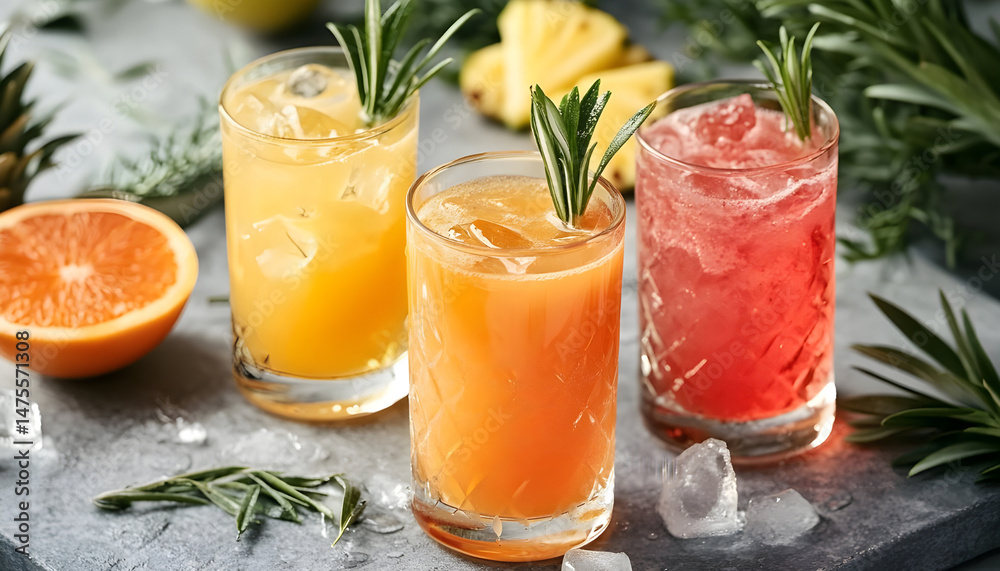 Tasty pineapple juice in glasses and fruits on grey textured table, closeup