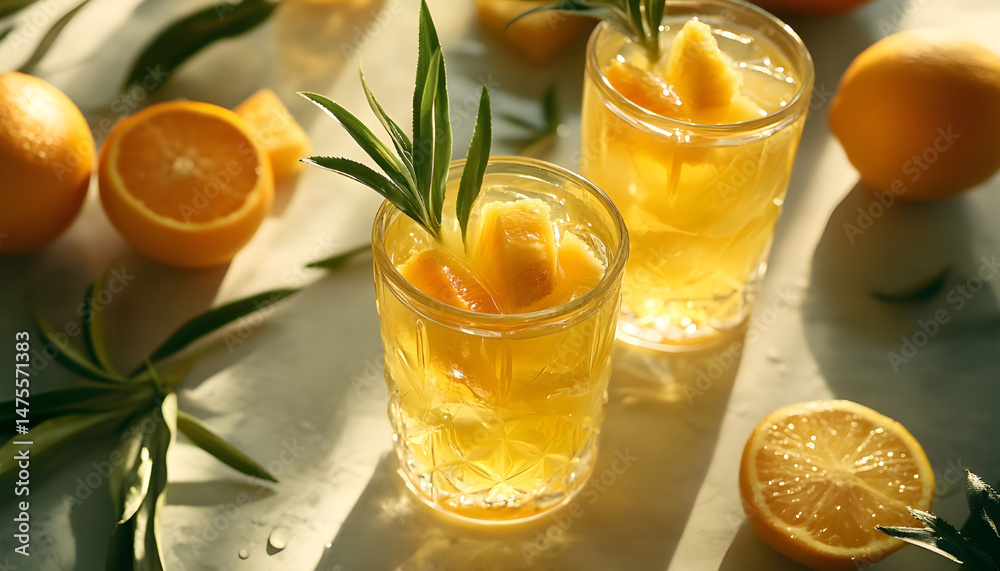 Tasty pineapple juice in glasses and fruits on grey textured table, closeup