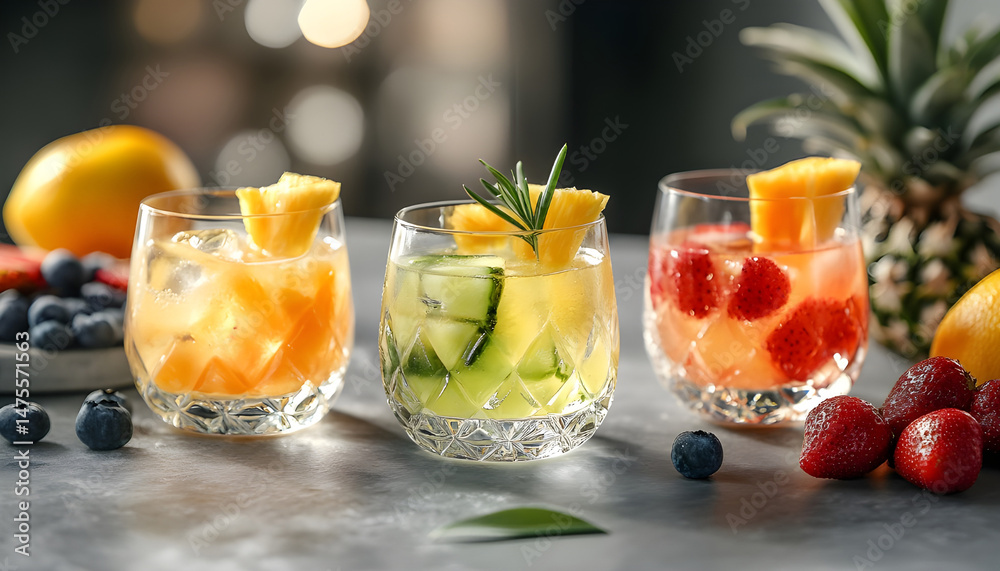 Tasty pineapple juice in glasses and fruits on grey textured table, closeup