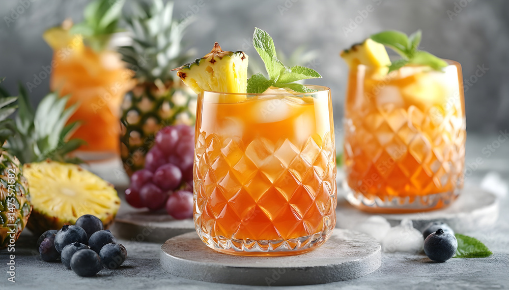 Tasty pineapple juice in glasses and fruits on grey textured table, closeup