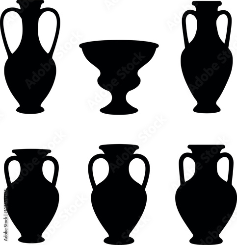 Black silhouette ancient Greek amphora and chalice set vector illustration collection 