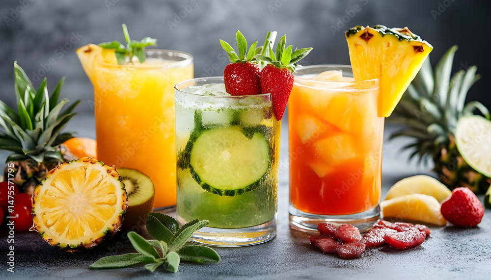Tasty pineapple juice in glasses and fruits on grey textured table, closeup