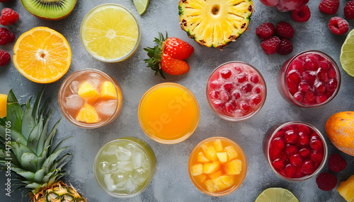 Tasty pineapple juice in glasses and fruits on grey textured table, closeup