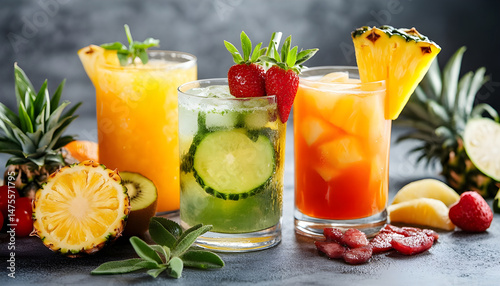 Obraz na płótnie Tasty pineapple juice in glasses and fruits on grey textured table, closeup w salonie