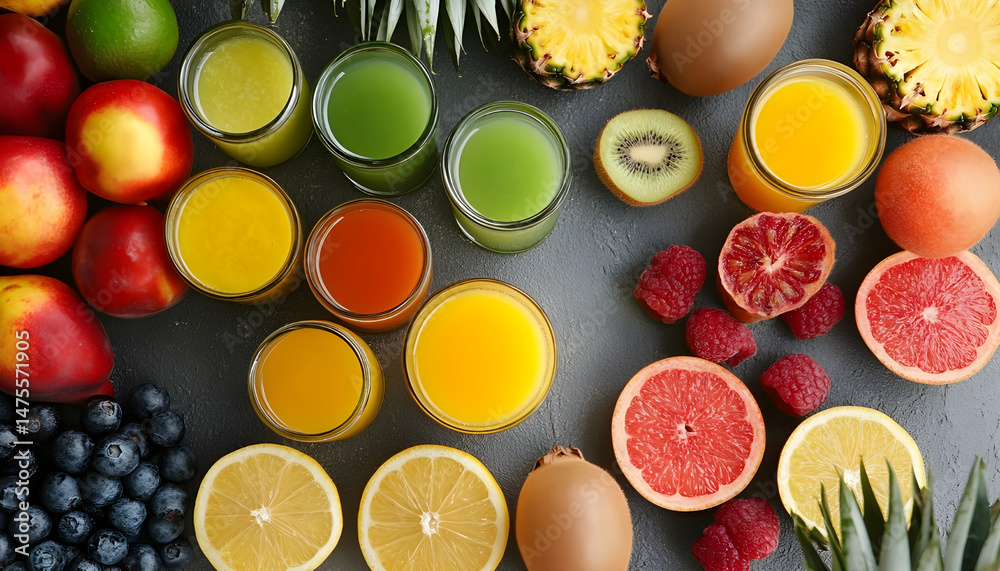 Tasty pineapple juice in glasses and fruits on grey textured table, closeup