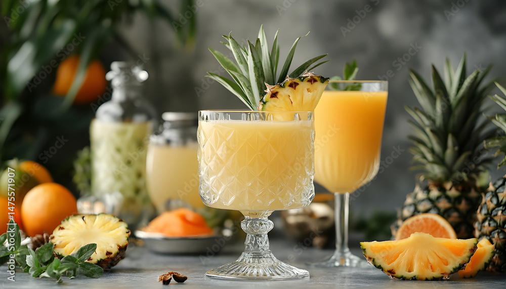 Tasty pineapple juice in glasses and fruits on grey textured table, closeup
