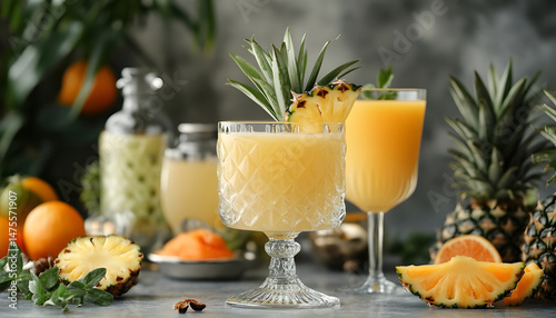 Obraz na płótnie Tasty pineapple juice in glasses and fruits on grey textured table, closeup w salonie