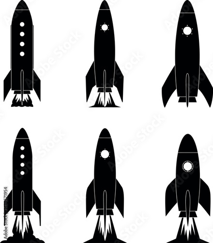 Rocket silhouette icon set with different window arrangements and thrusters vector illustration 