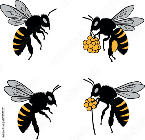Honeybee Vector Set with Yellow and Black Striped Insects Collecting Pollen and Flying 