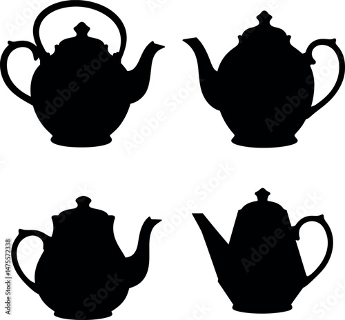 Classic vintage teapot silhouettes vector set with diverse shapes and handles for design use 