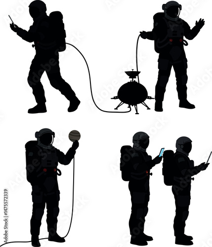 Silhouettes of astronauts with space probe and communication devices in vector illustration 