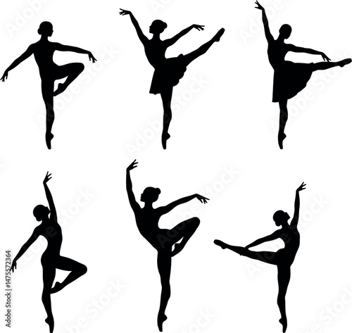 Ballet dancer silhouette vector set performing elegant poses in black design 