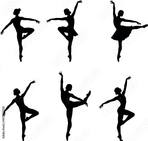 Ballet dancer silhouettes in various poses vector illustration graceful art 