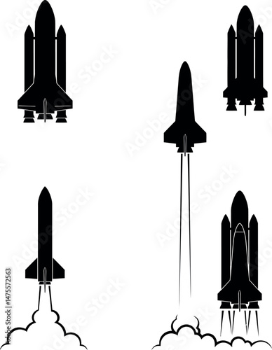Space shuttle launch silhouette vector set for aerospace and technology design 