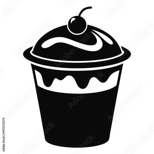Black silhouette of dessert cup covered with chocolate sauce and cherry on top appears