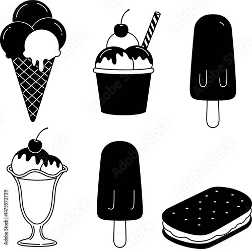Ice cream variety vector with cones cups popsicles and sandwich dessert illustrations 