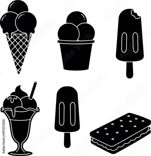 Ice cream variety collection with cones cups popsicles and ice cream sandwich vector illustration 