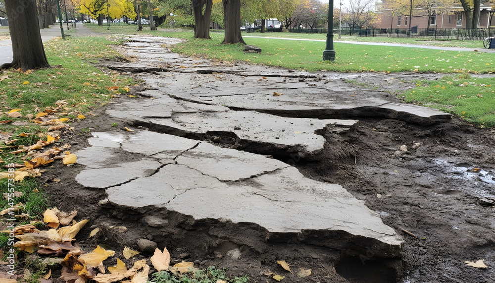 Photo of large cracks in a park sidewalk caused by an explosion.