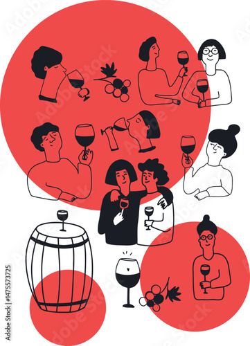 Winemaking. The process of making wine. Drawing, engraving, ink, line art, vector	
